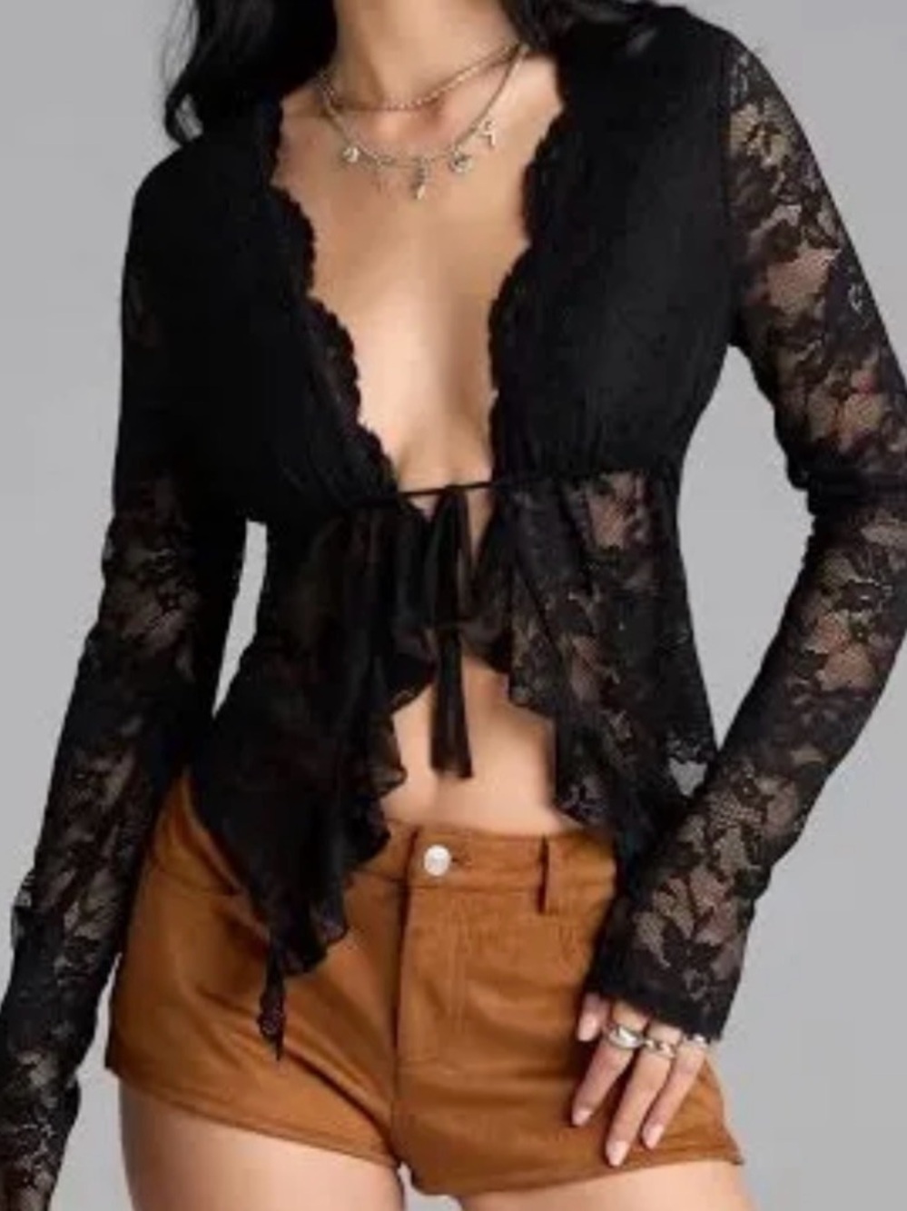 Windsor Black Lace Tie-Front Long-Sleeve Crop Top